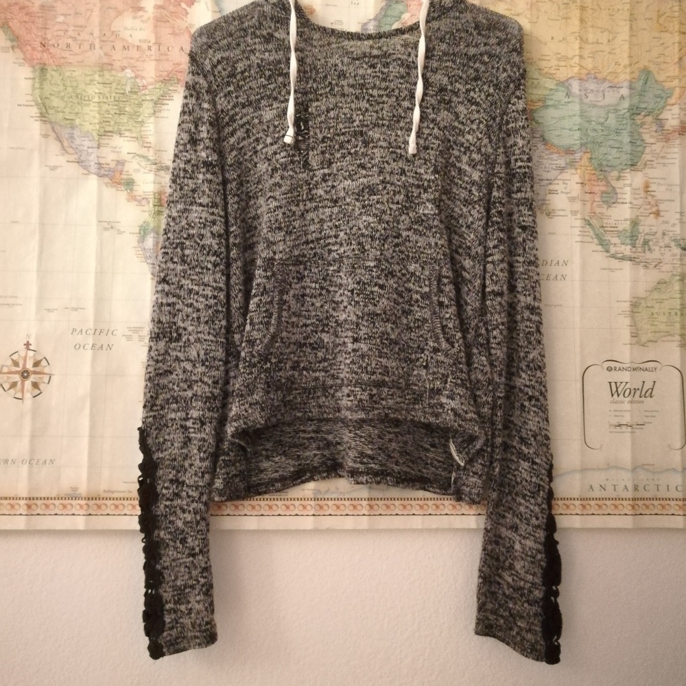 Lace Sleeves Soft Marled Knit Hoodie